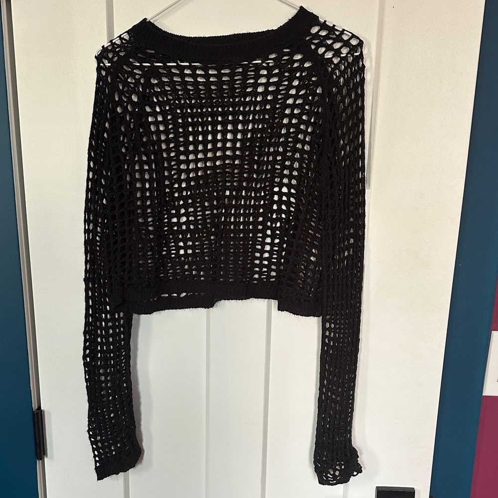 Black Crochet Long Sleeve Top